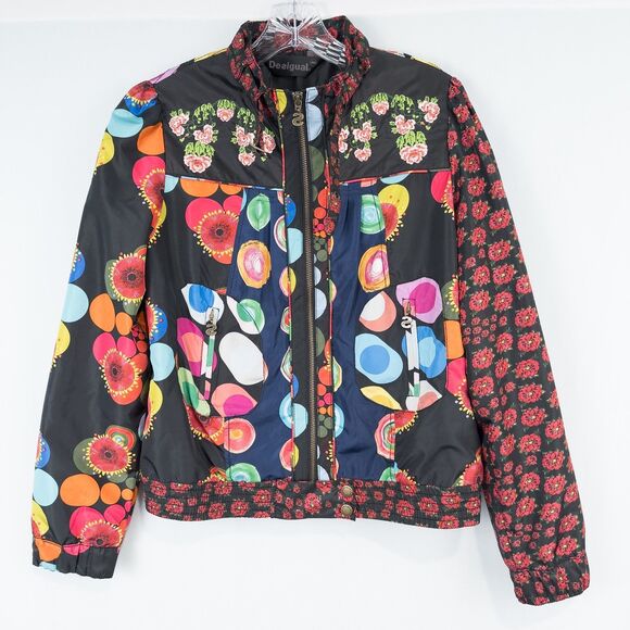 Desigual Embroidered Bomber Jacket Windbreaker Womens 40 Avant Garde Floral - Picture 1 of 16